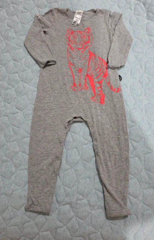 Bonds Tiger Print Long Sleeve Romper Grey Size 1 (12–18 Months)