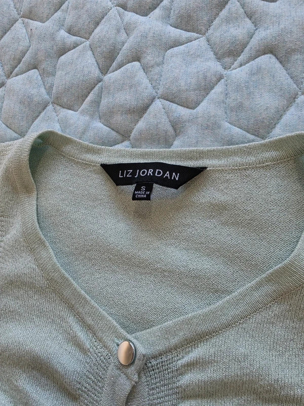 Liz Jordan Shimmer Fine Knit Cardigan Sage Green Size S Ruched Button Front