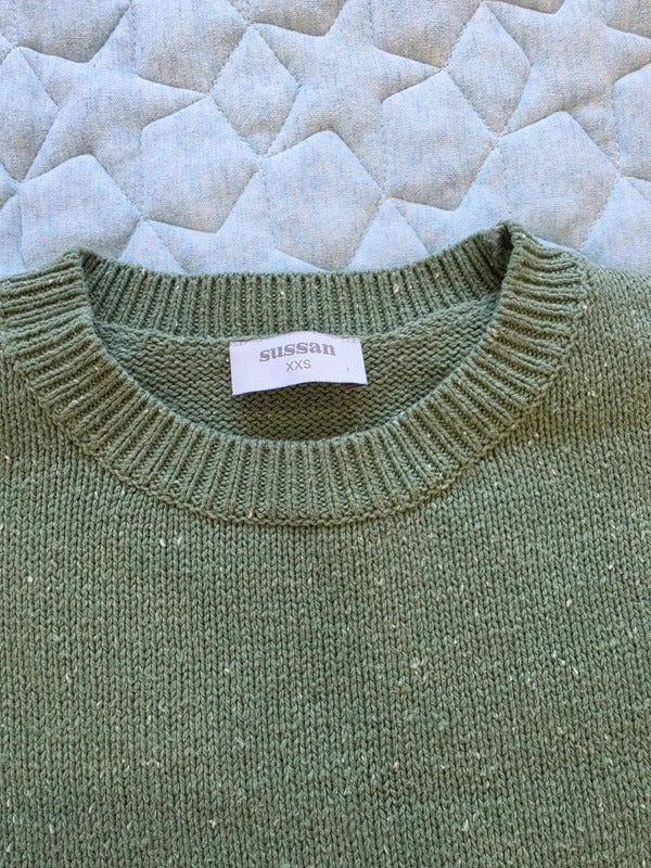 Sussan Sage Green Knit Jumper XXS Ribbed Sleeve Curved Hem