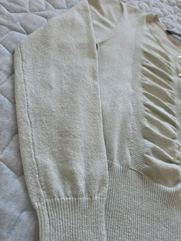 Liz Jordan Shimmer Fine Knit Cardigan Sage Green Size S Ruched Button Front
