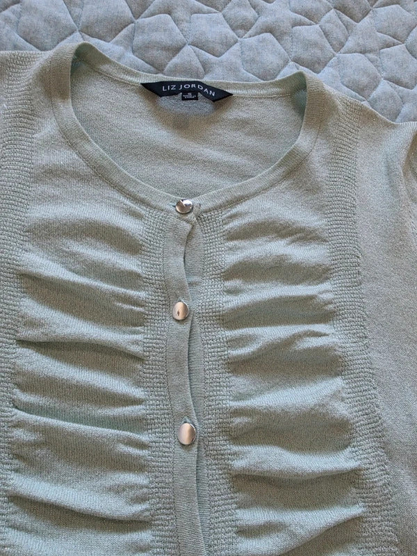 Liz Jordan Shimmer Fine Knit Cardigan Sage Green Size S Ruched Button Front