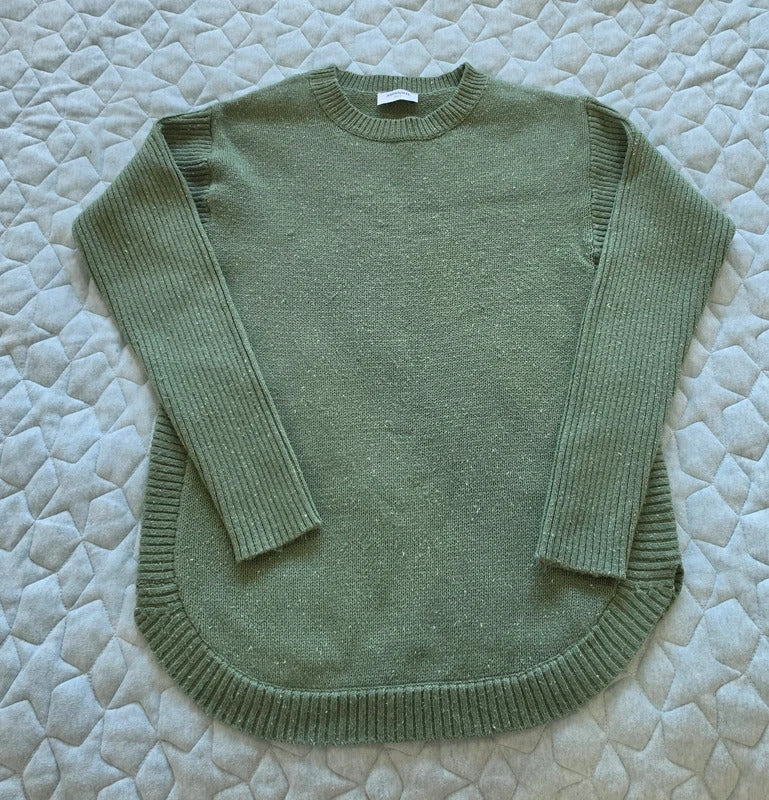 Sussan Sage Green Knit Jumper XXS Ribbed Sleeve Curved Hem