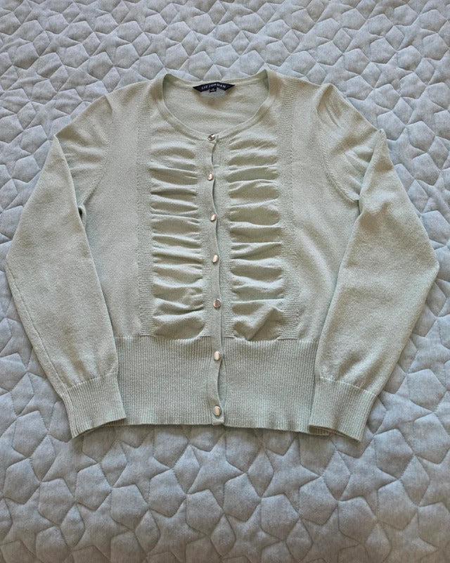 Liz Jordan Shimmer Fine Knit Cardigan Sage Green Size S Ruched Button Front