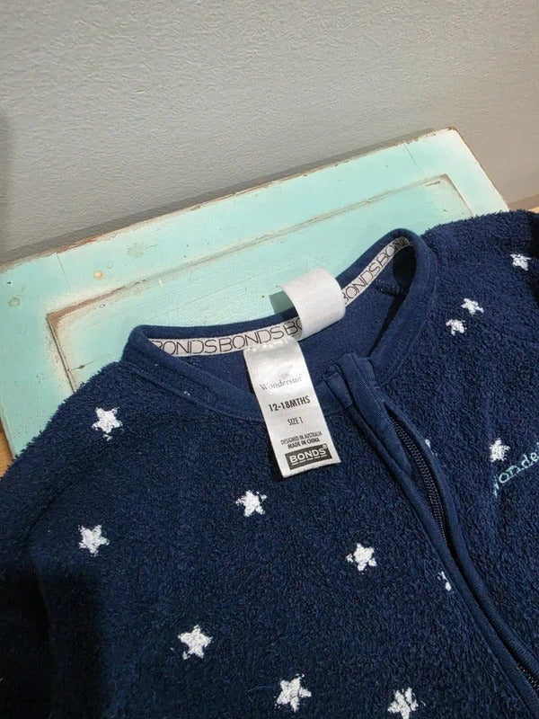 Bonds Wondersuit Size 1 Navy Blue Fleece Star Zip Romper Baby Sleepsuit 12-18M