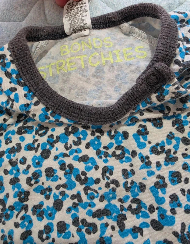 Bonds Stretchies Blue Leopard Print Wondersuit Romper Size 00 3–6 Months