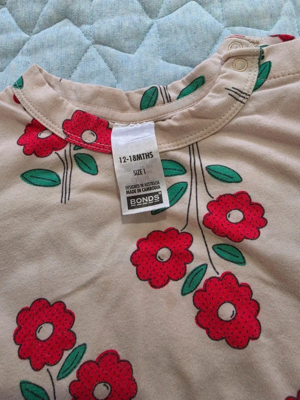 Bonds Floral Dress Romper Size 1 12–18 Months Pink Red Flowers