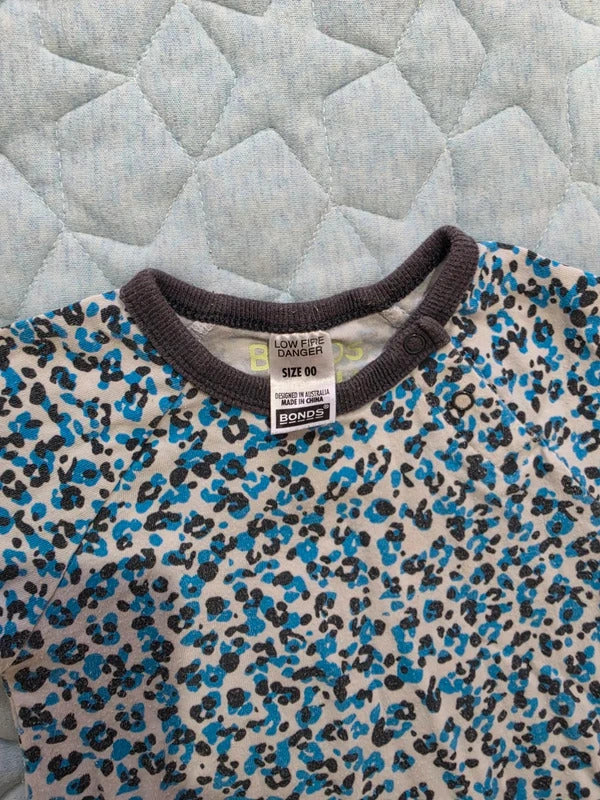 Bonds Stretchies Blue Leopard Print Wondersuit Romper Size 00 3–6 Months